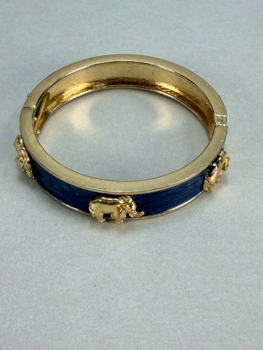 Vintage Gold Tone Blue Elephant Hinged Bangle Bracelet Relief Animal Hinged